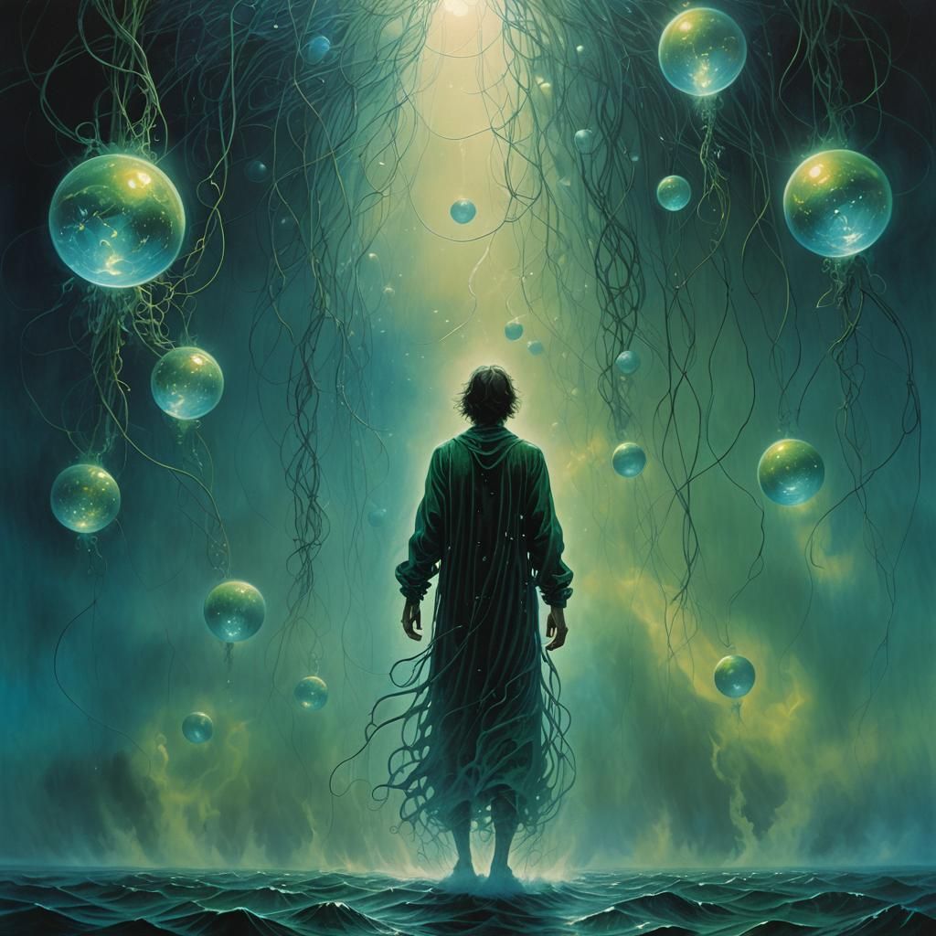 Surreal Figure Adrift in a Dreamlike Ocean of Thoughts