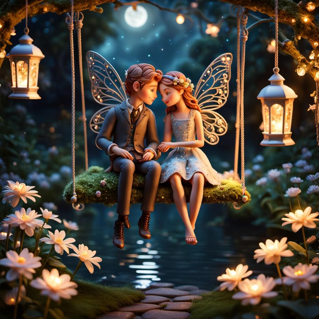 Enchanted Fairy Couple in Night Garden