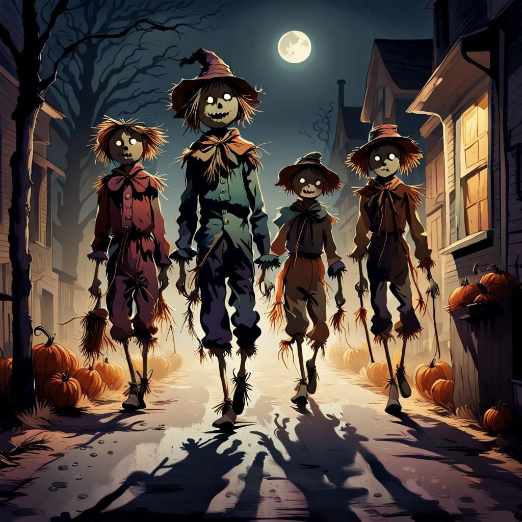 Creepy Scarecrow Stalks Children: Folk Horror Illustration