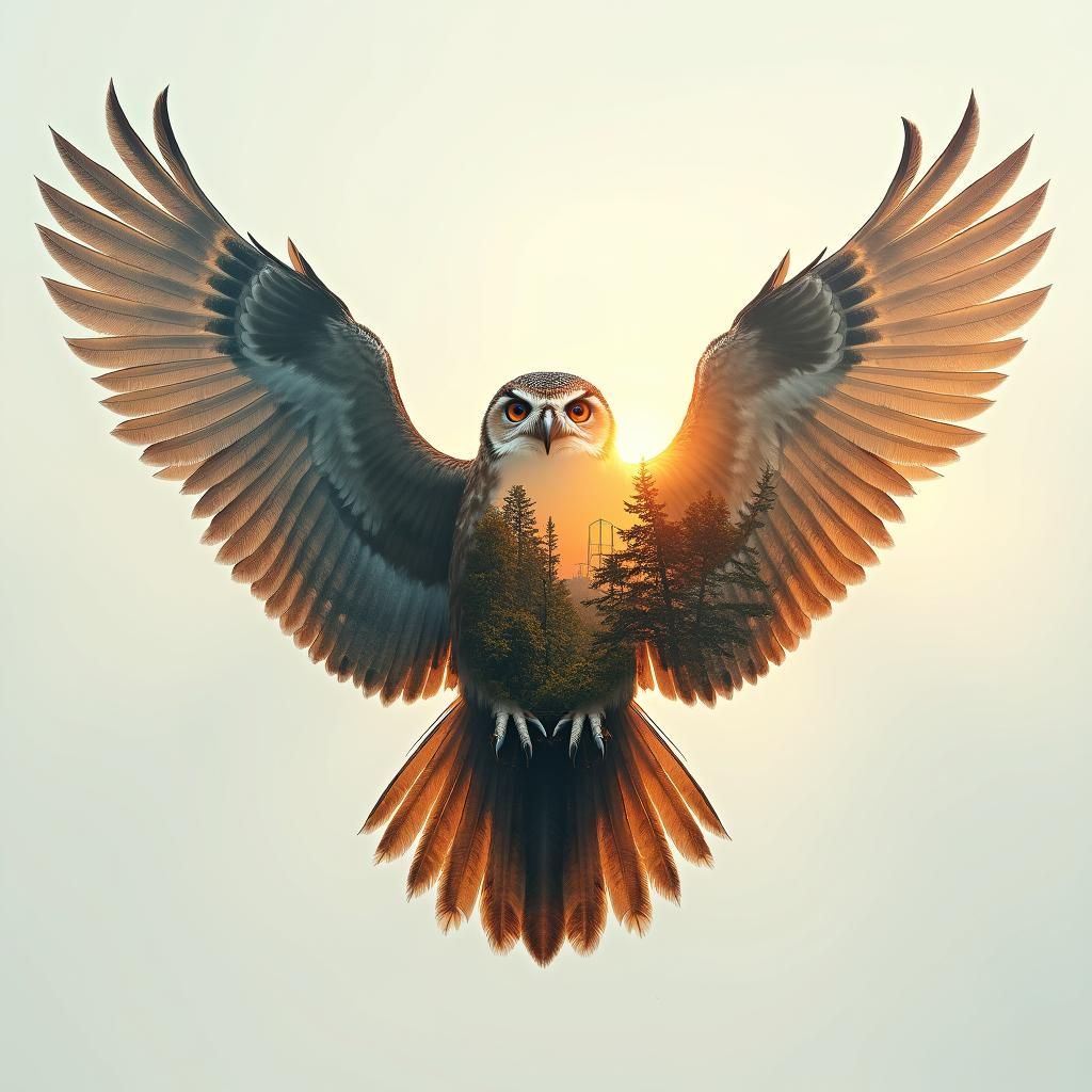 Owl with Double Exposure Forest and Cityscapes