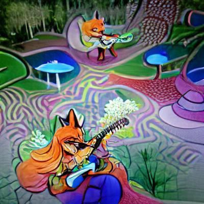 Cartoon Fox Plays Guitar in Psychedelic Park