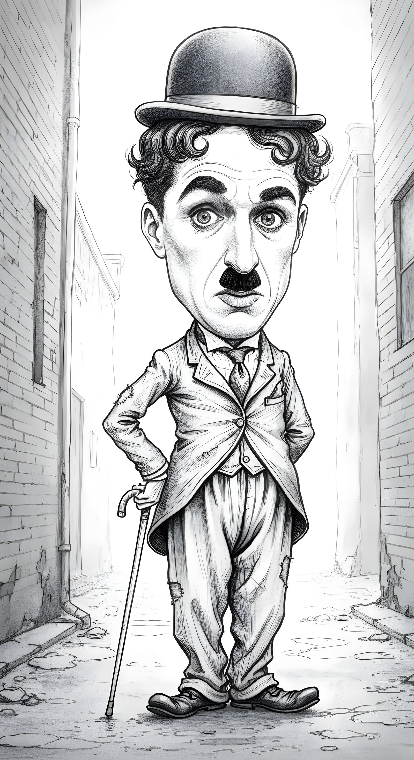 Whimsical Charlie Chaplin Caricature in Comic Strip Style
