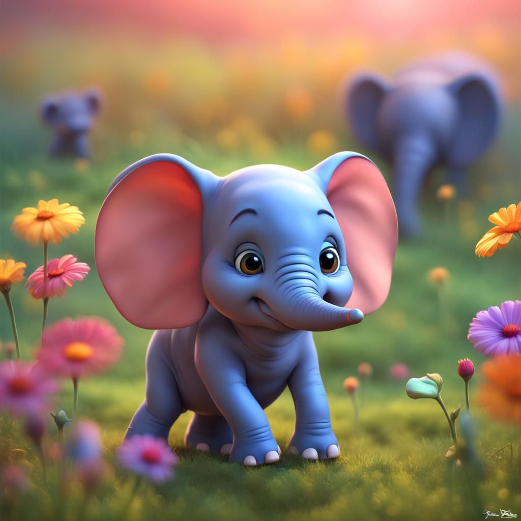 Cute Baby Elephant Afraid of Mouse: Pixar Render