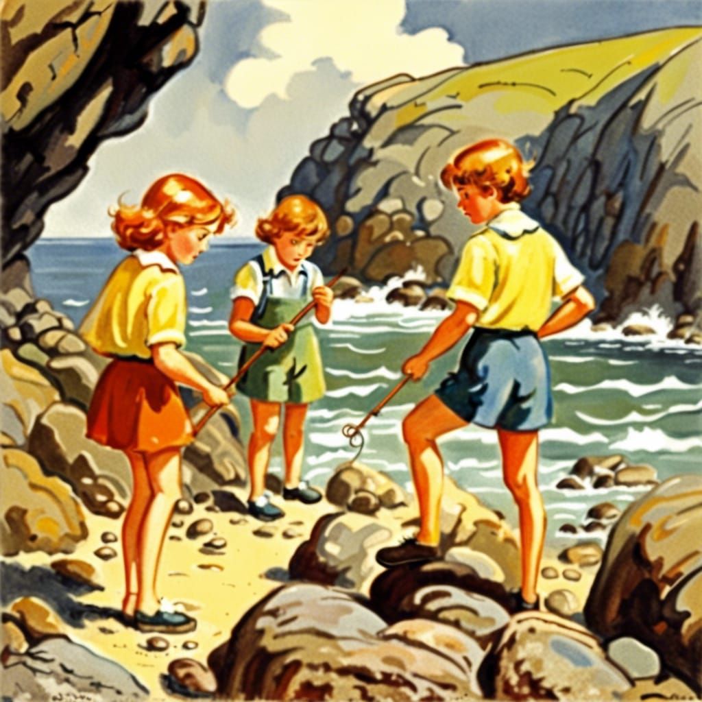 'famous five' Enid blyton, crab fishing in the rocks, rocky coastline
