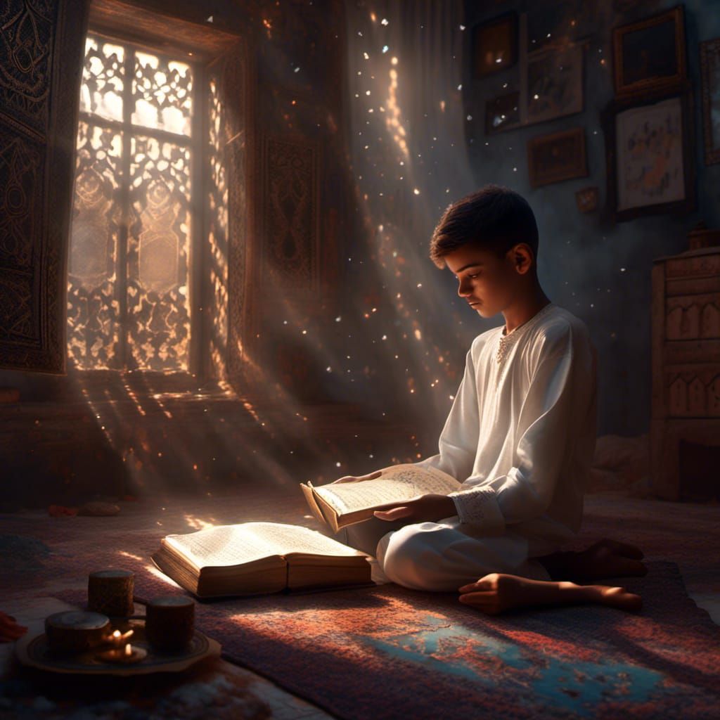 Boy Reading Quran with Light Rays, Digital Painting