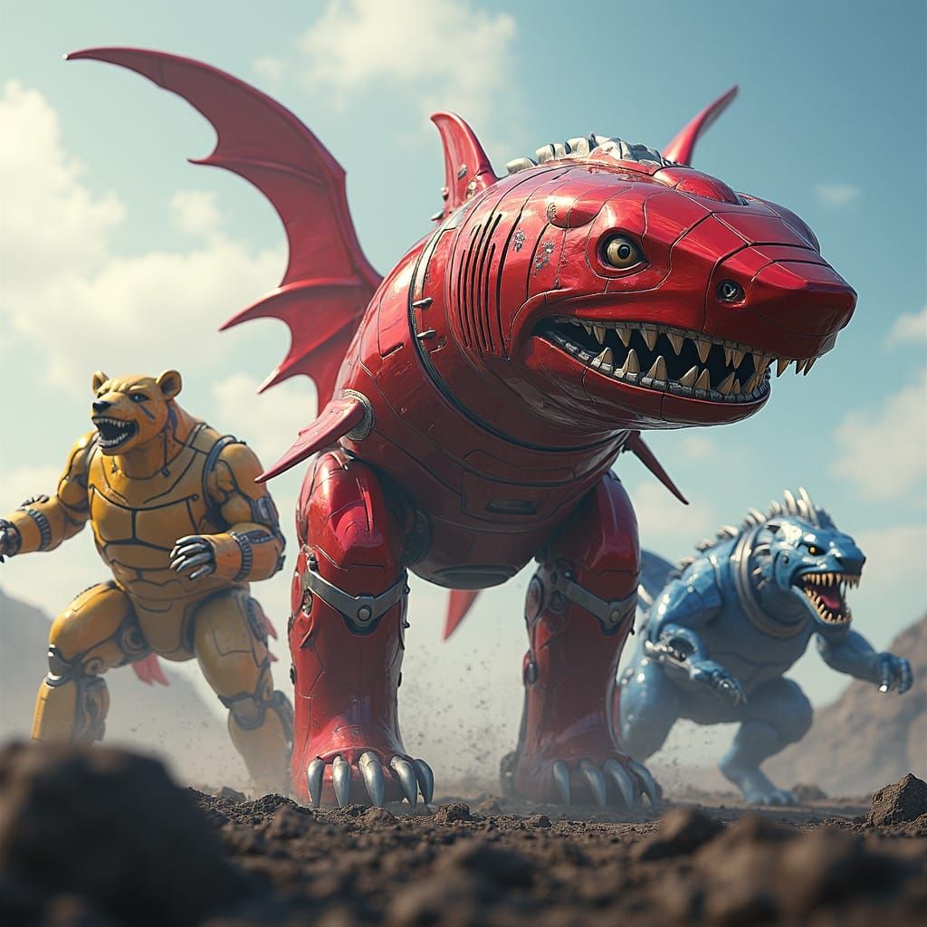 Giant Red Shark Zord Battles Alongside Bear and Dragon Zords
