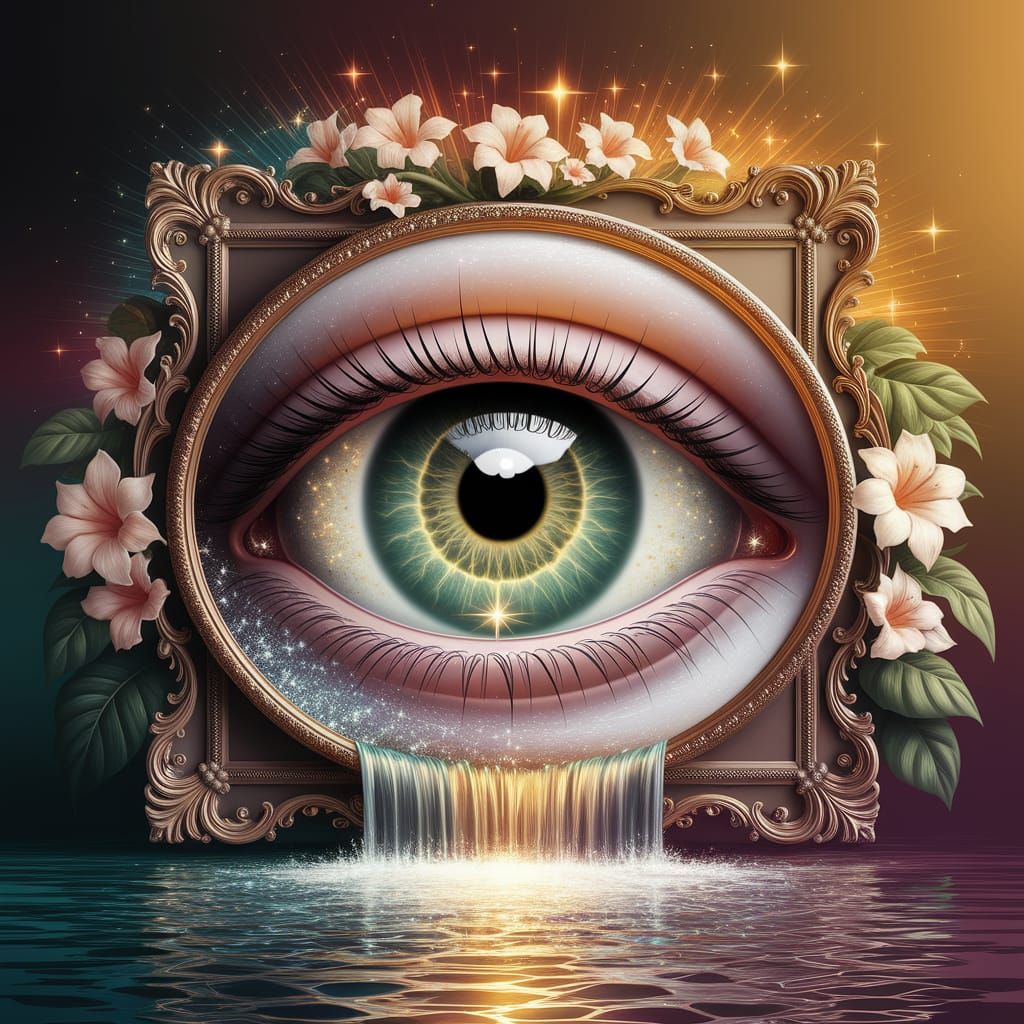 Sparkling Green Eye Waterfall Amidst Jungle Flowers