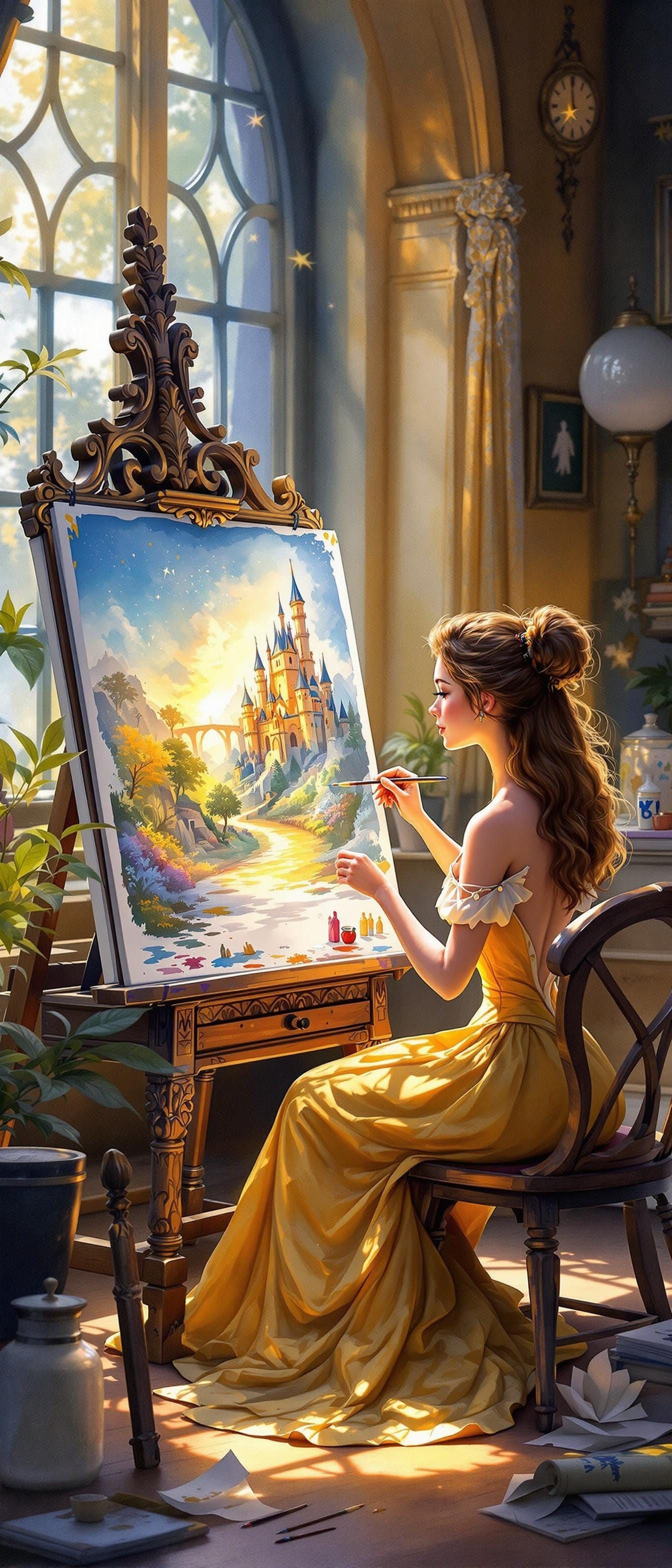 Delicate Watercolor Belle in Enchanted Castle Studio