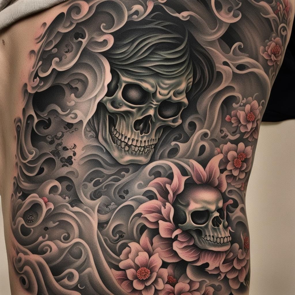 Irezumi Tattoo Design with Skull and Cherry Blossom