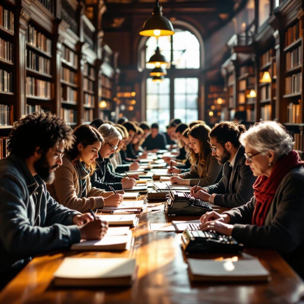 Diverse Group Writing in Sunlit Library