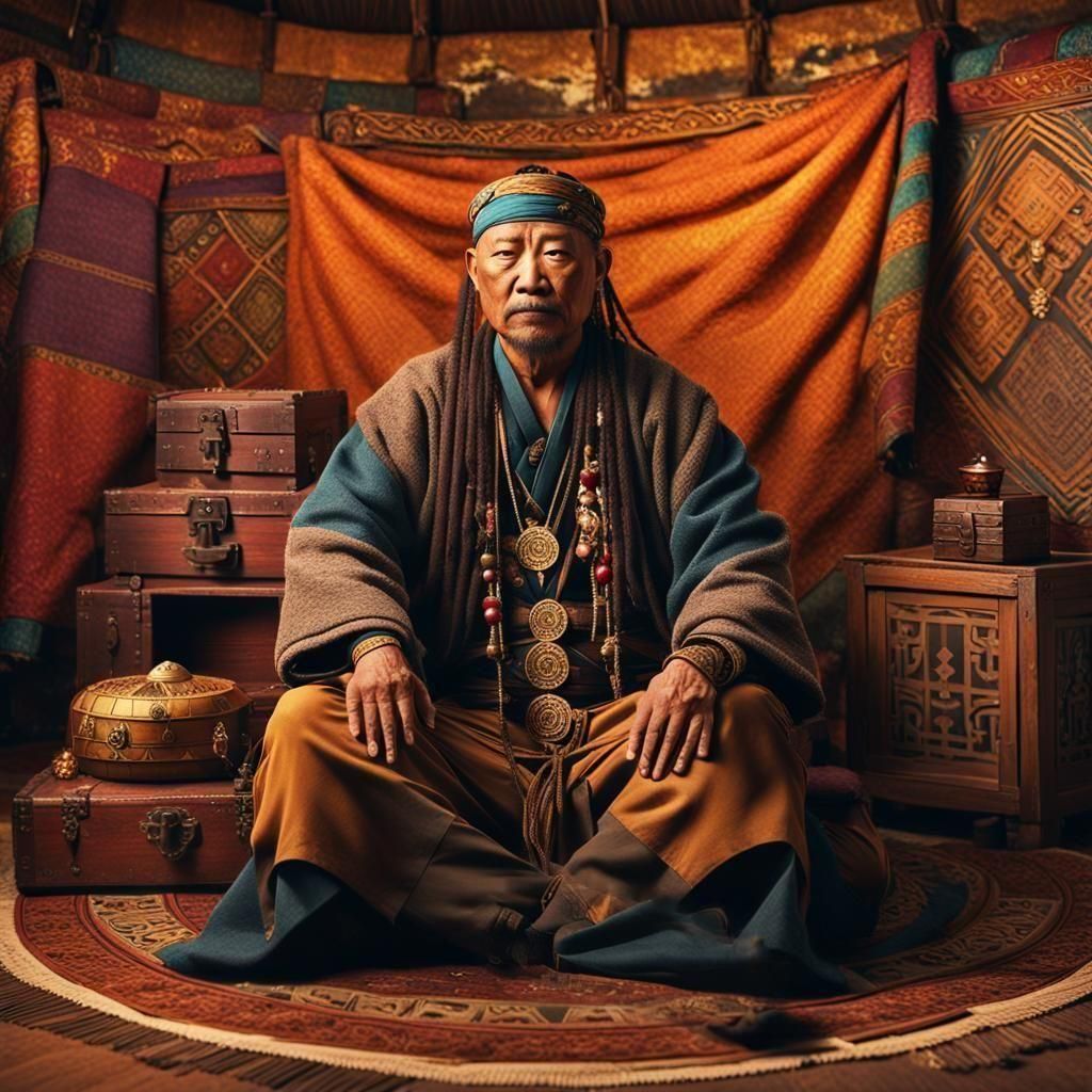 Mongolian Shaman Surrounded by Spiritual Riches