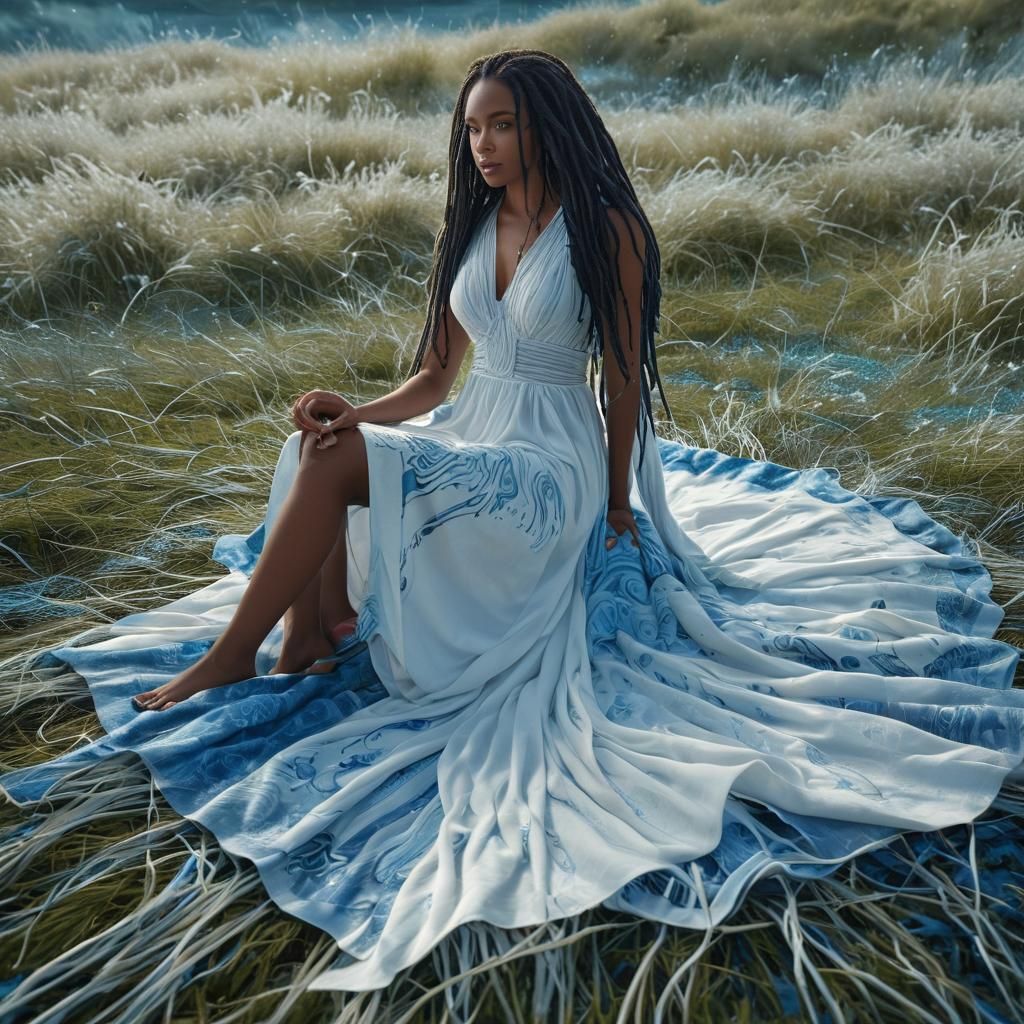 Futuristic Fantasy: Black Woman in Flowing White Dress