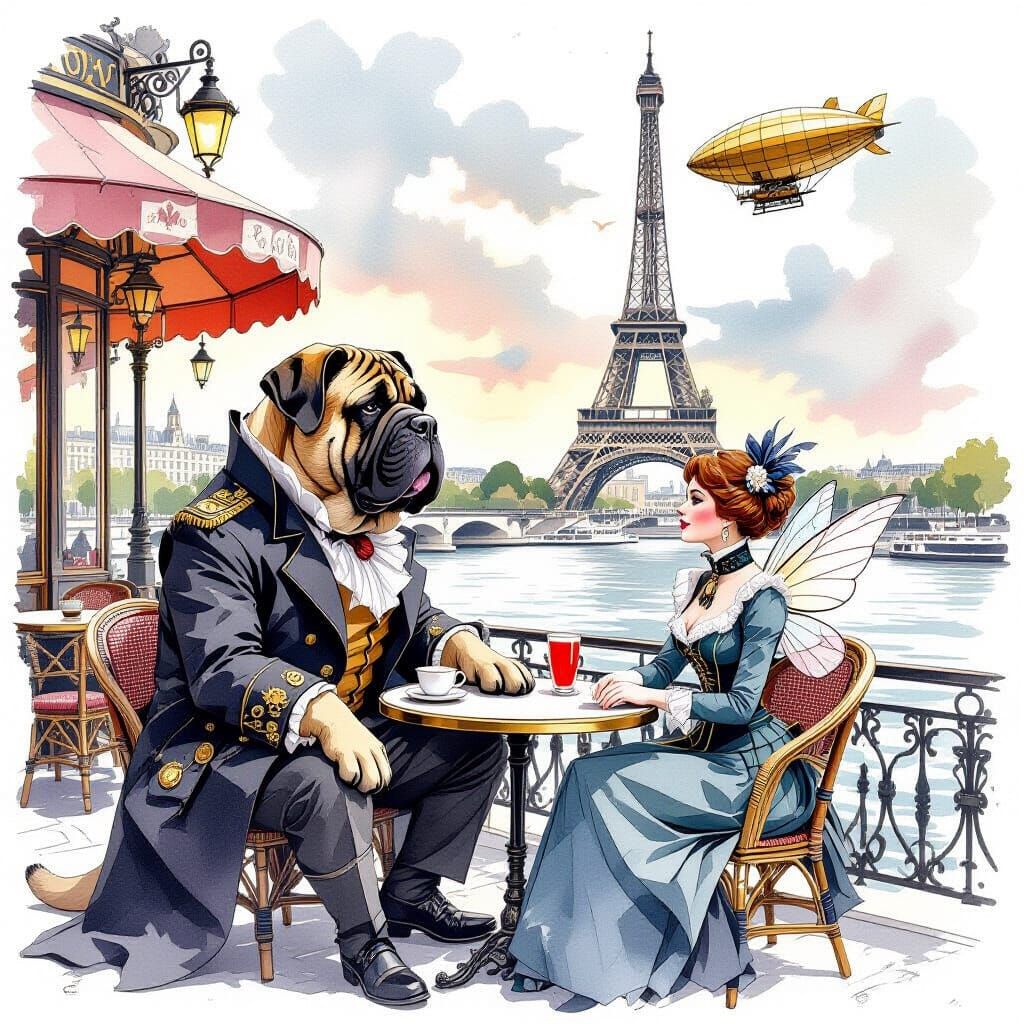 Steampunk Mastiff at Riverside Cafe with Fairy