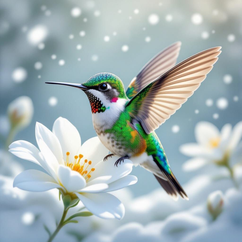 Hummingbird in Ethereal Snow Forest, Whimsical Realism
