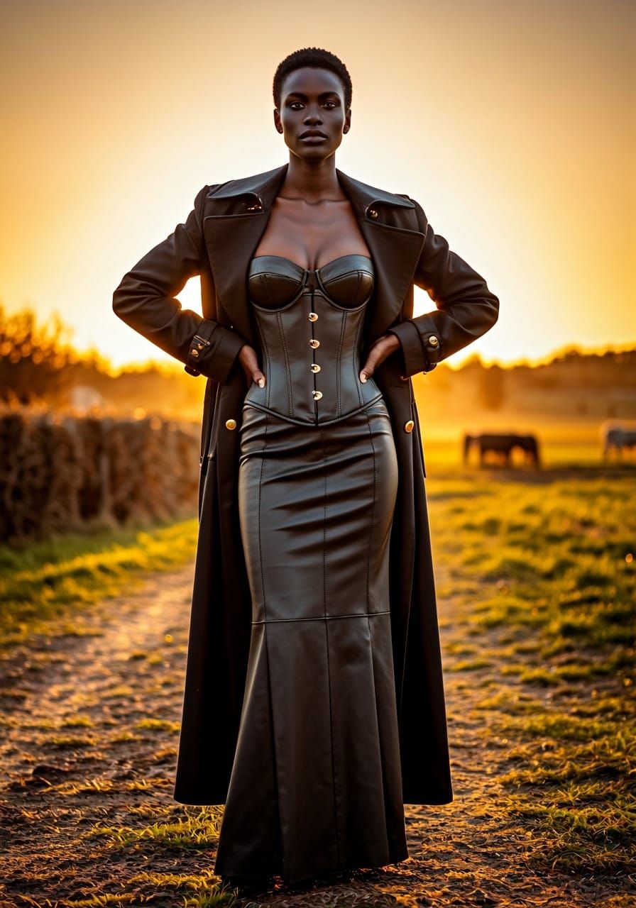 Ebony Goddess in Leather Corset, Art Nouveau Style