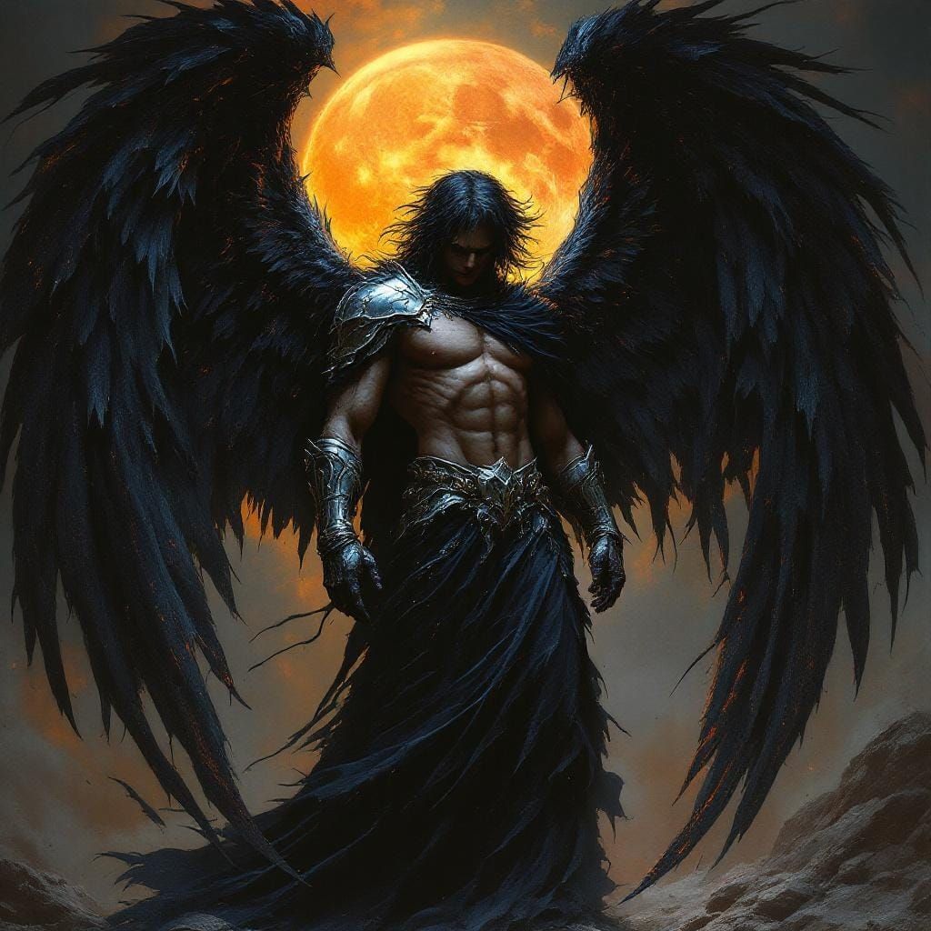 Dark Angel in Moonlit Fantasy Landscape