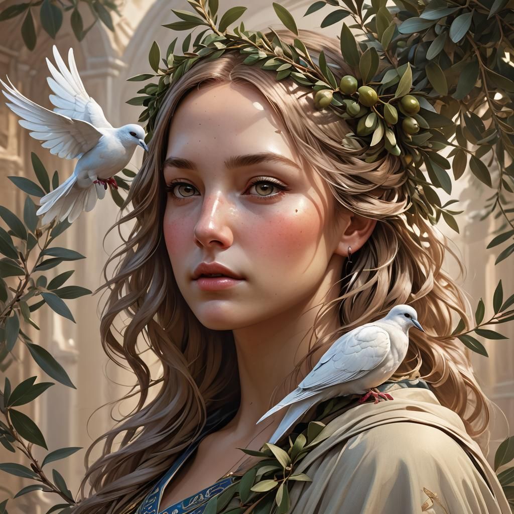 Dove and Olive Branch Portrait in Art Nouveau Style
