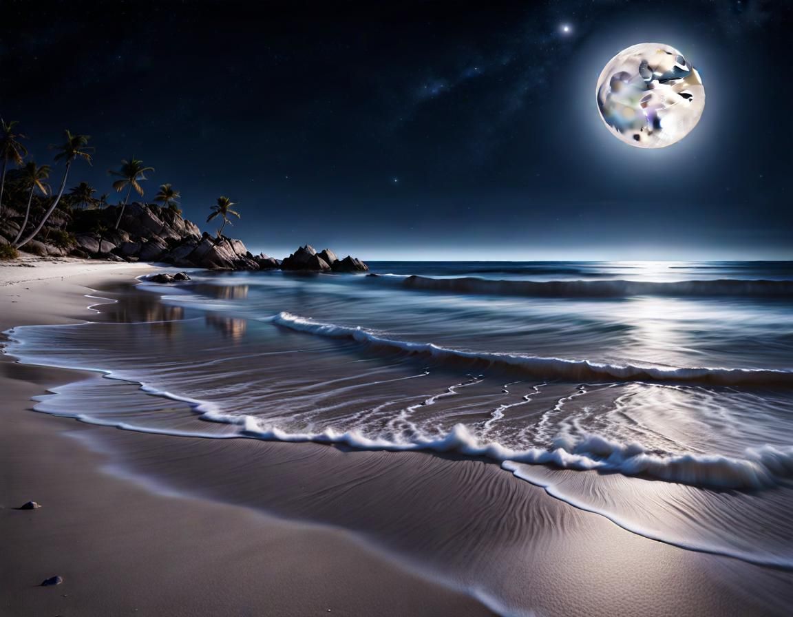 Moonlit Seashore with Starry Sky in Fantasy Art Style
