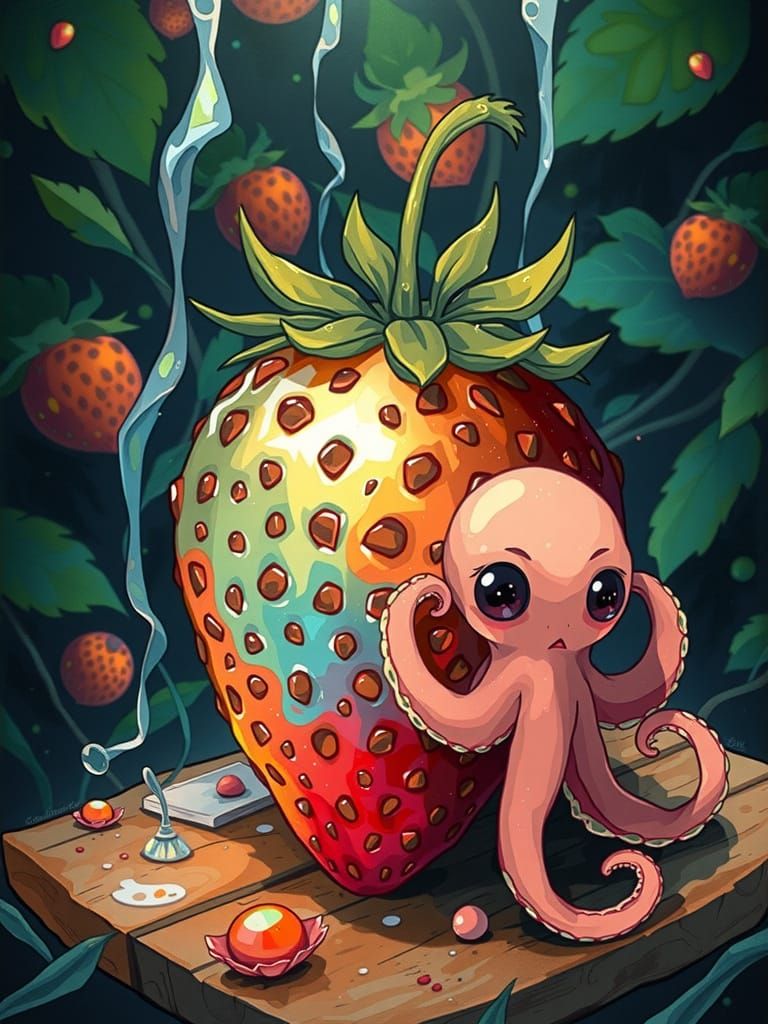Pastel Octopus Cradles Rainbow Strawberry in Dreamlike Scene
