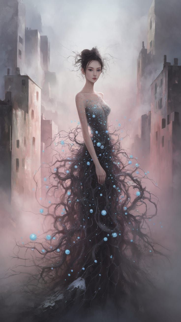 Ethereal Beauty Amidst a Misty Cityscape in Impressionistic ...
