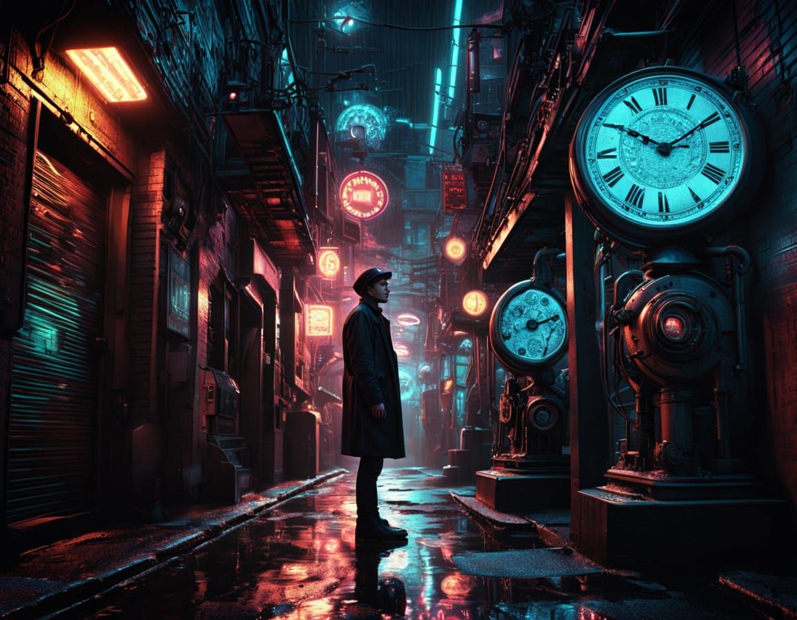 Retro-Futuristic Alley with Clockwork and Neon Lights