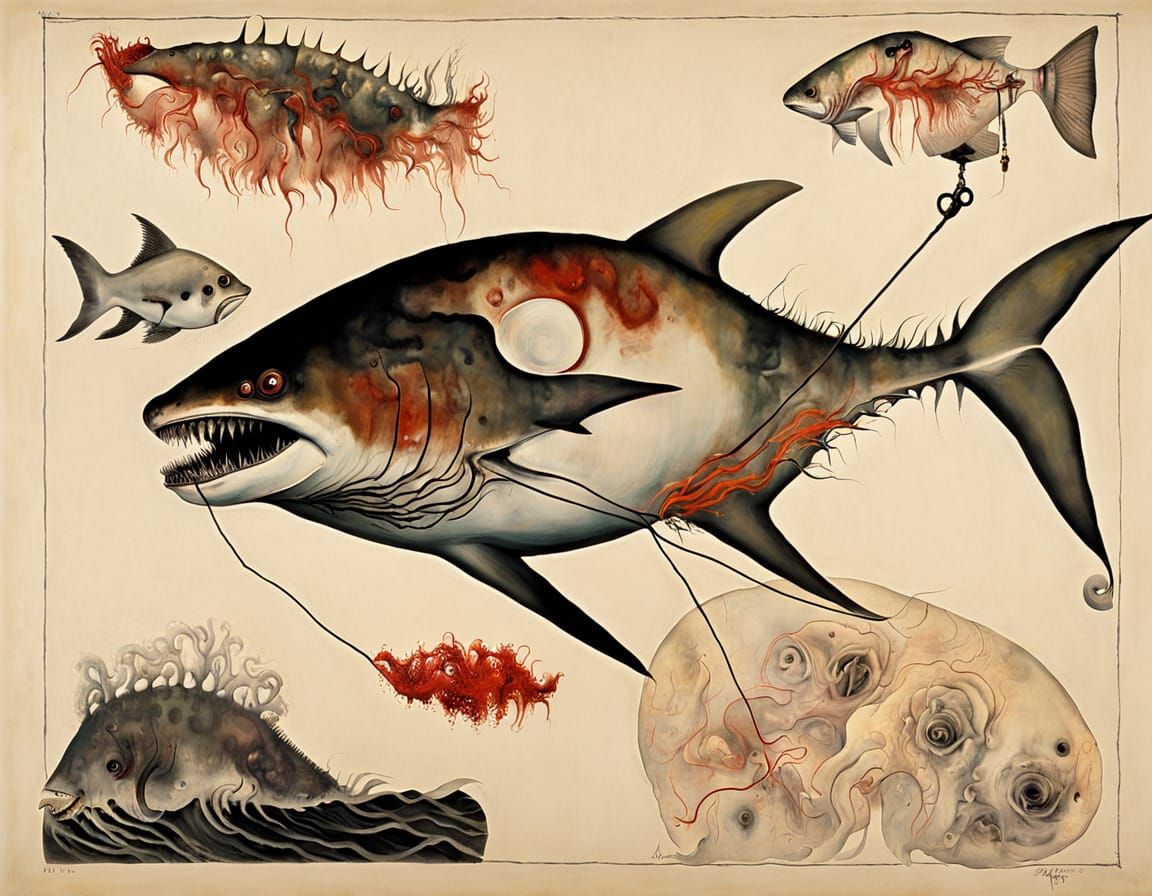 Surreal Japanese Art: Lobotomized Piranha Shark in a Dreamli...