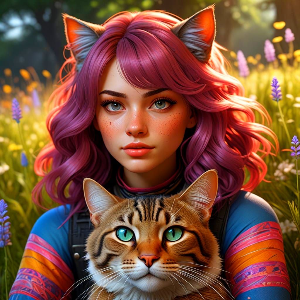 Hyper-Realistic Cat Girl in Triadic Colors