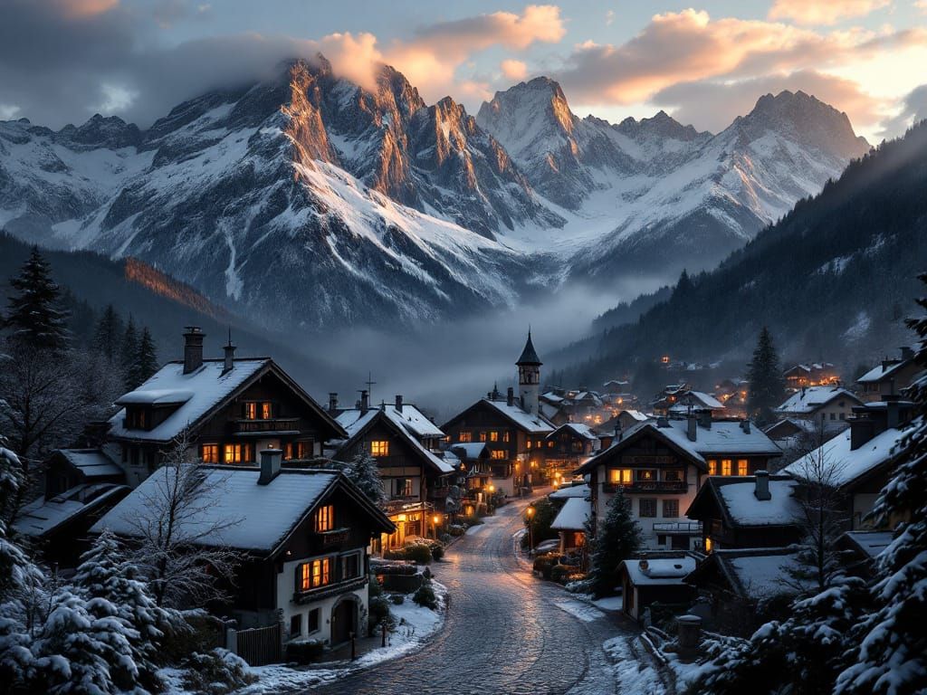 Alpine Village in Mountain Shadow at Magic Hour