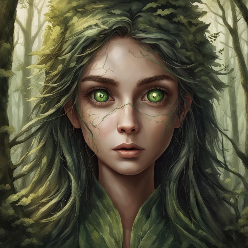 Elven Woman in Forest Hut, Fantasy Illustration