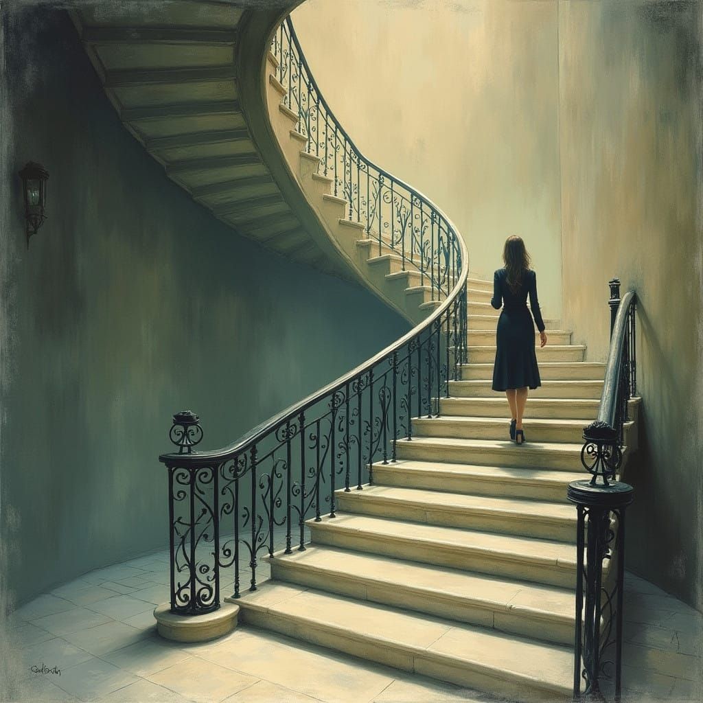 Dreamlike Spiral Staircase Descends into Ethereal Mist