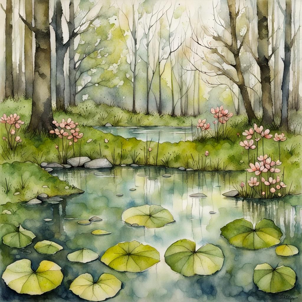 Spring Rain at Forest Pond: Storybook Illustration