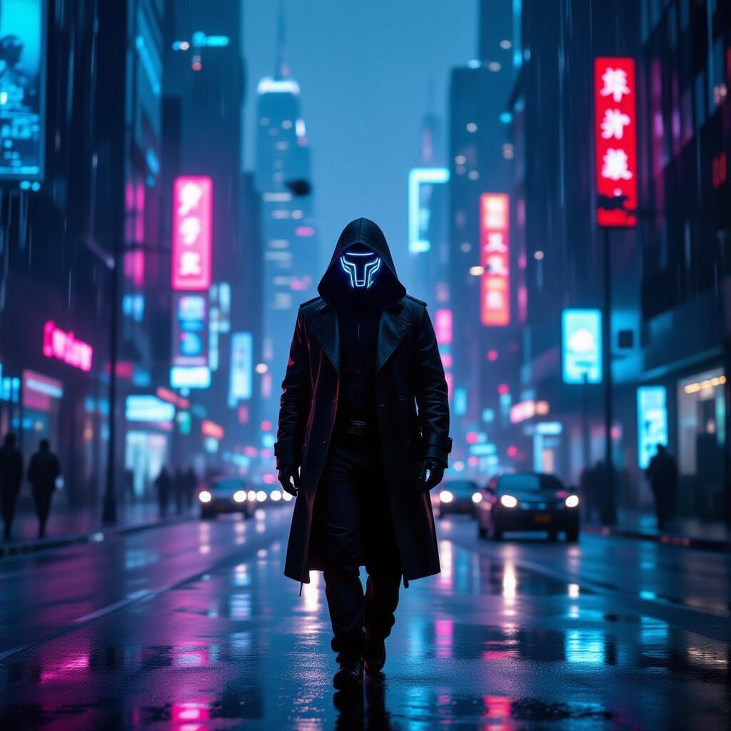 Cyberpunk Figure in Neon Cityscape