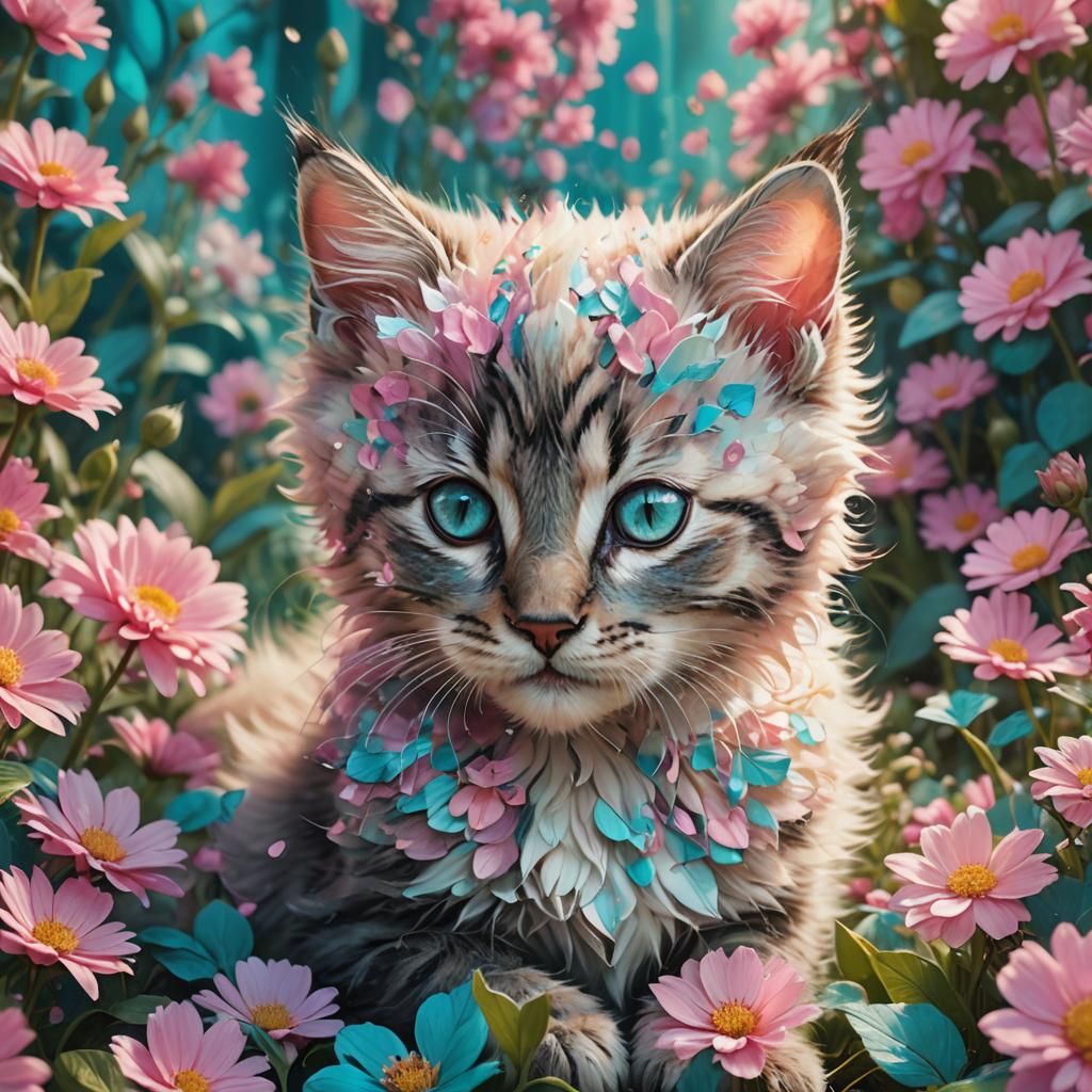 Petal Kitten in Lush Garden: Fantasy Concept Art