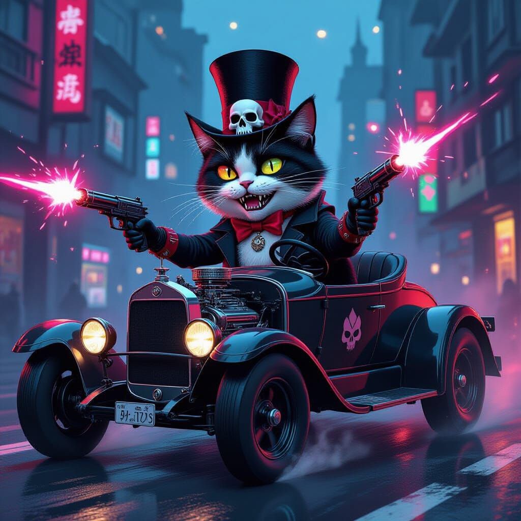 Vampire Cat Drives Rat Rod in Cyberpunk City