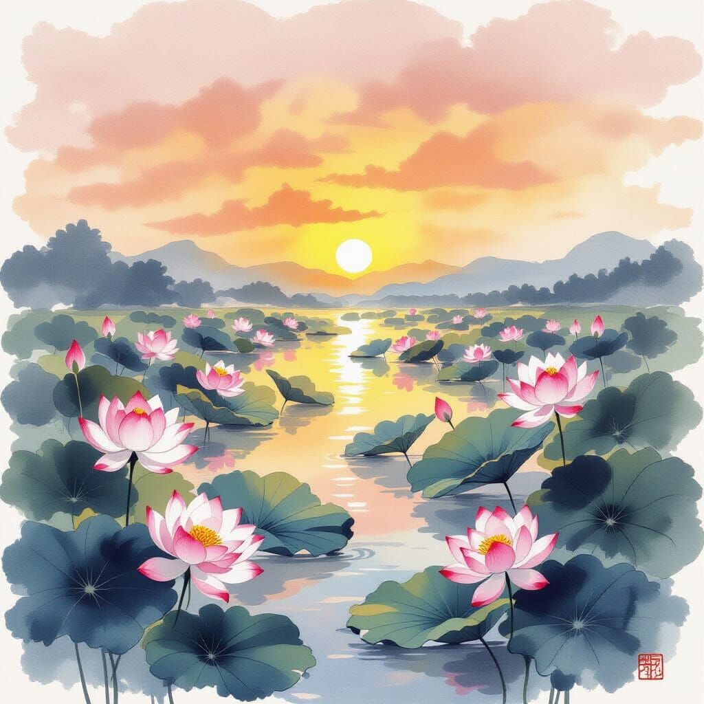 Sunset Lotus Field in Sumi-e Style