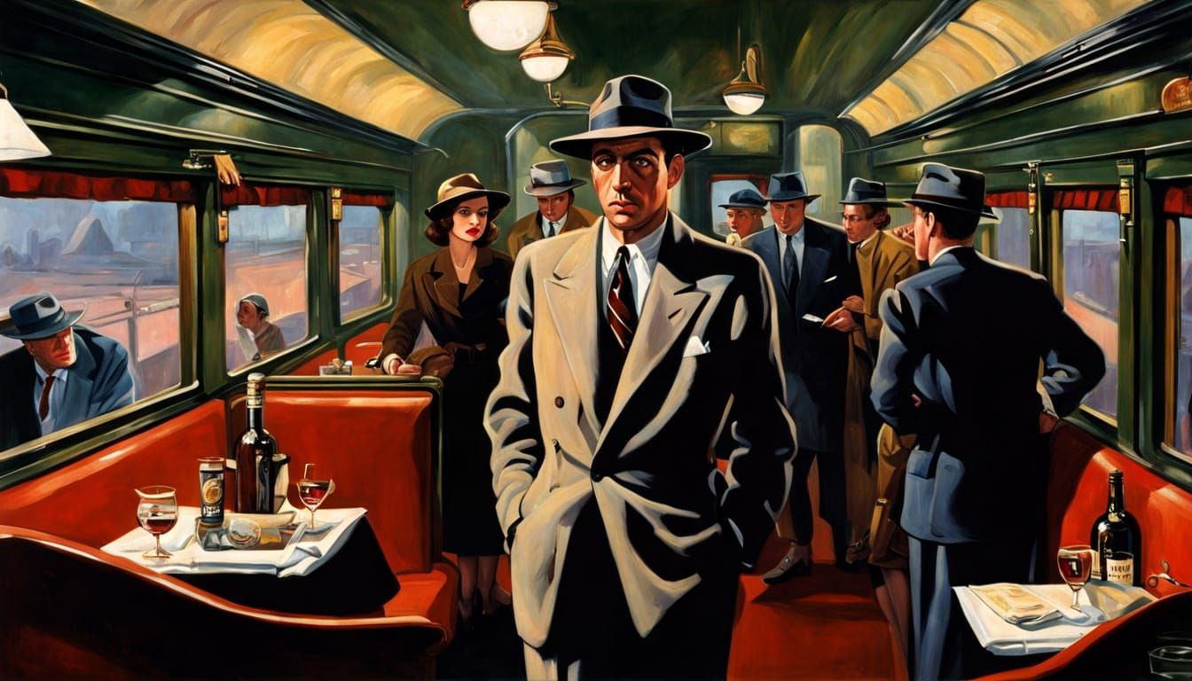 Private Investigator in a 1940s Film Noir Train Lounge