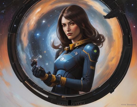 Android Woman in Space Station: Oil Painting Style