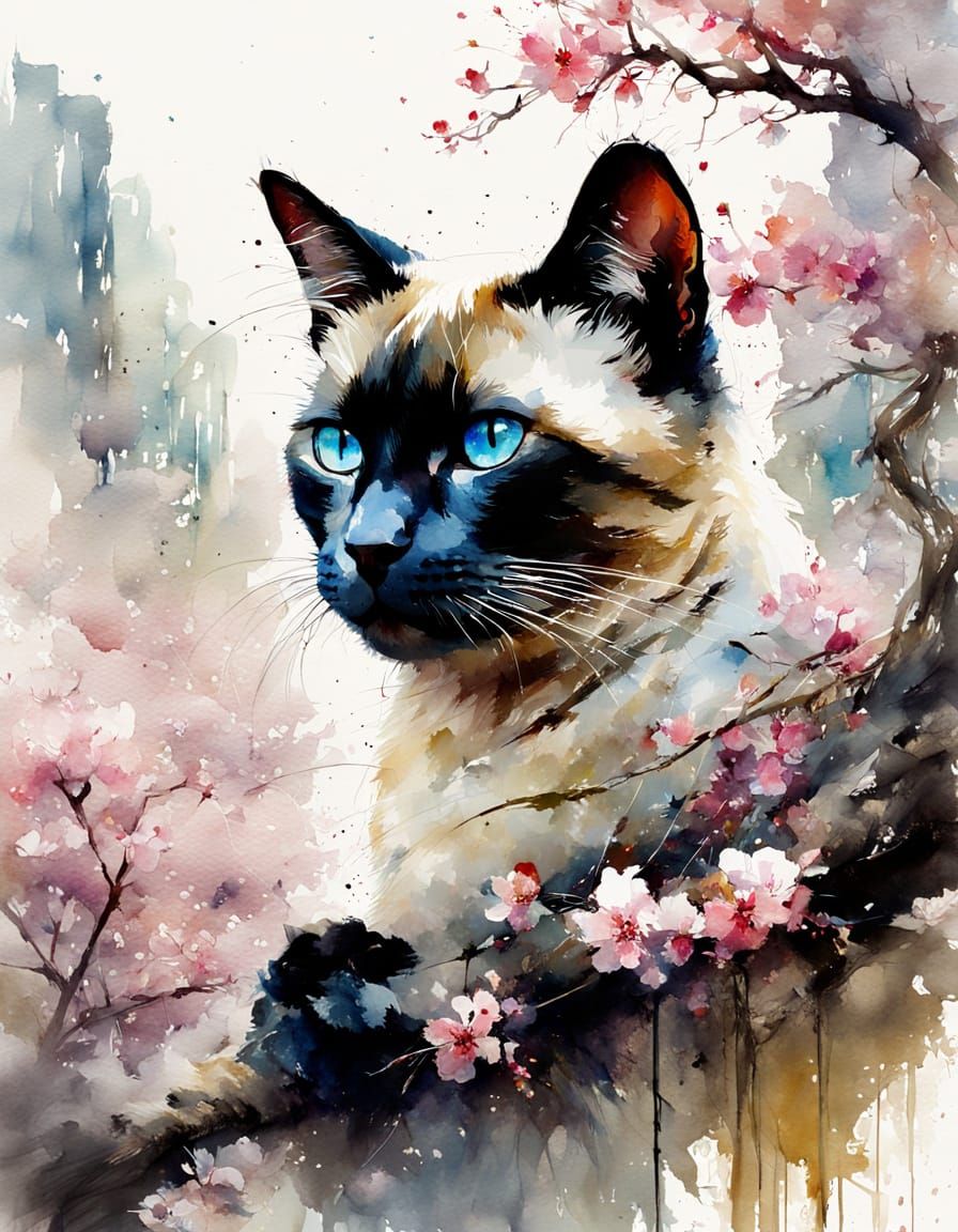 Surreal Watercolor Siamese Cat Amidst Vibrant Sakura Blossom...