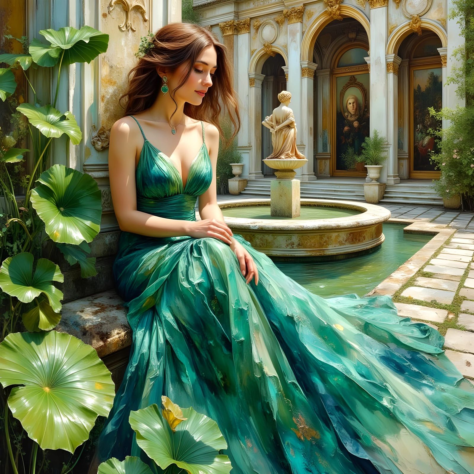 Smiling Woman in Ornate Courtyard: Impasto Oil Painting