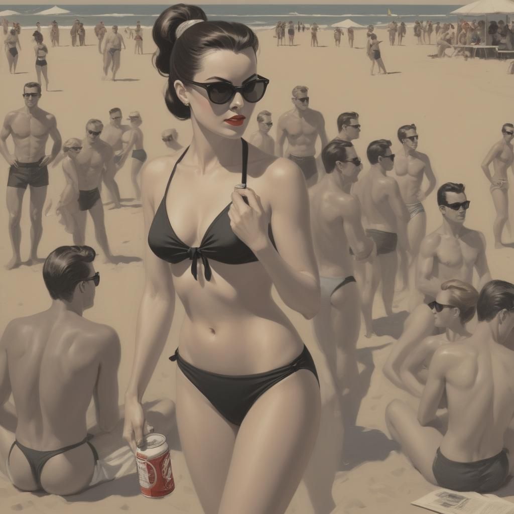 1950s Beach Scene in Comic Book Art Style