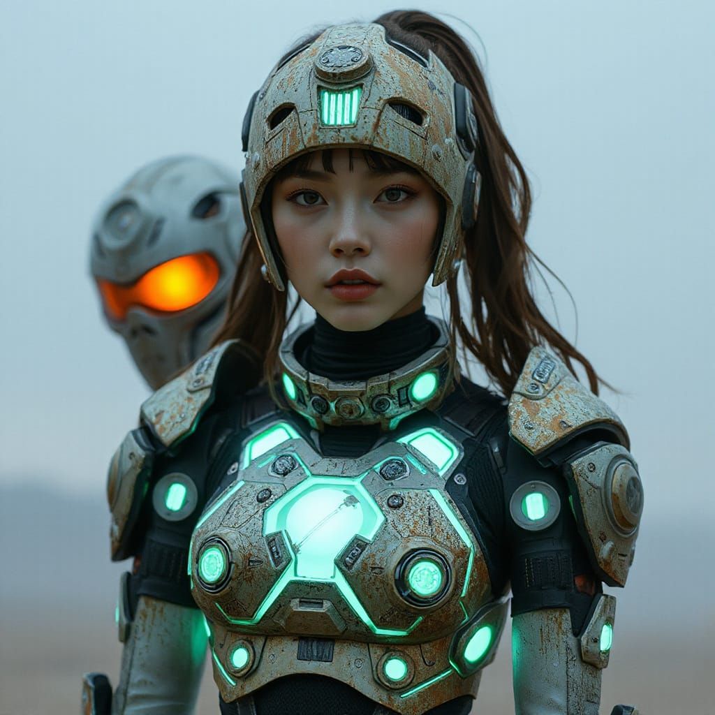 Cyberpunk Android Warlord with Glowing Futuristic Forms