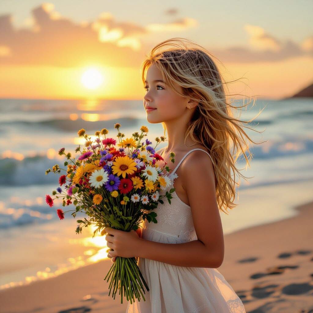 Teenage Girl with Wildflowers on Beach at Sunset
