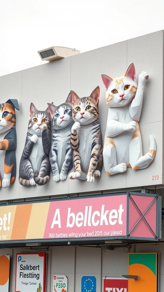 Cats Playful Billboard Art in Origami Style