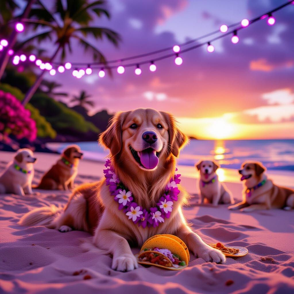Golden Retriever Enjoys Tacos on Hawaiian Beach at Purple Su...