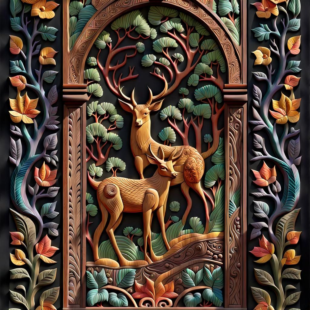 Folk Art Carved Wooden Window Casing