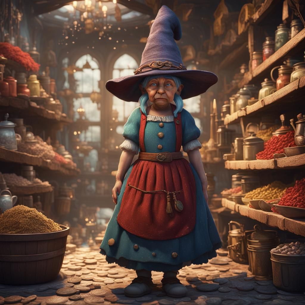 Stressed Gnome Shopkeeper in Detailed Matte Painting