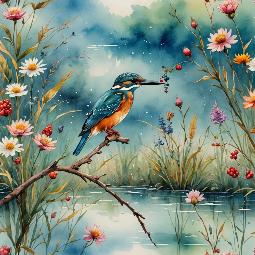 Kingfisher with Flowers and Butterfly, Watercolor Art