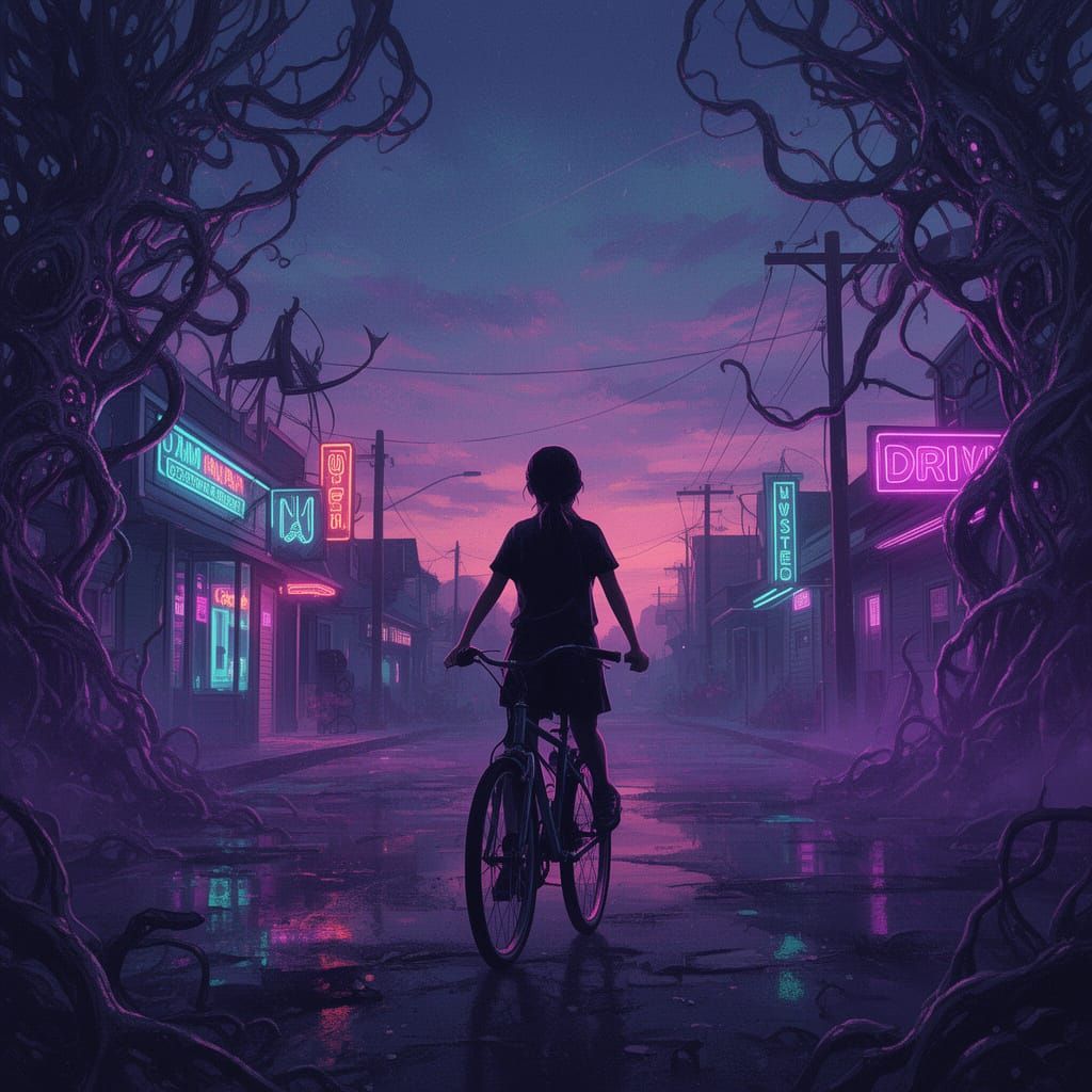 Retro-Futuristic Neon Street Scene with Girl on Bicycle