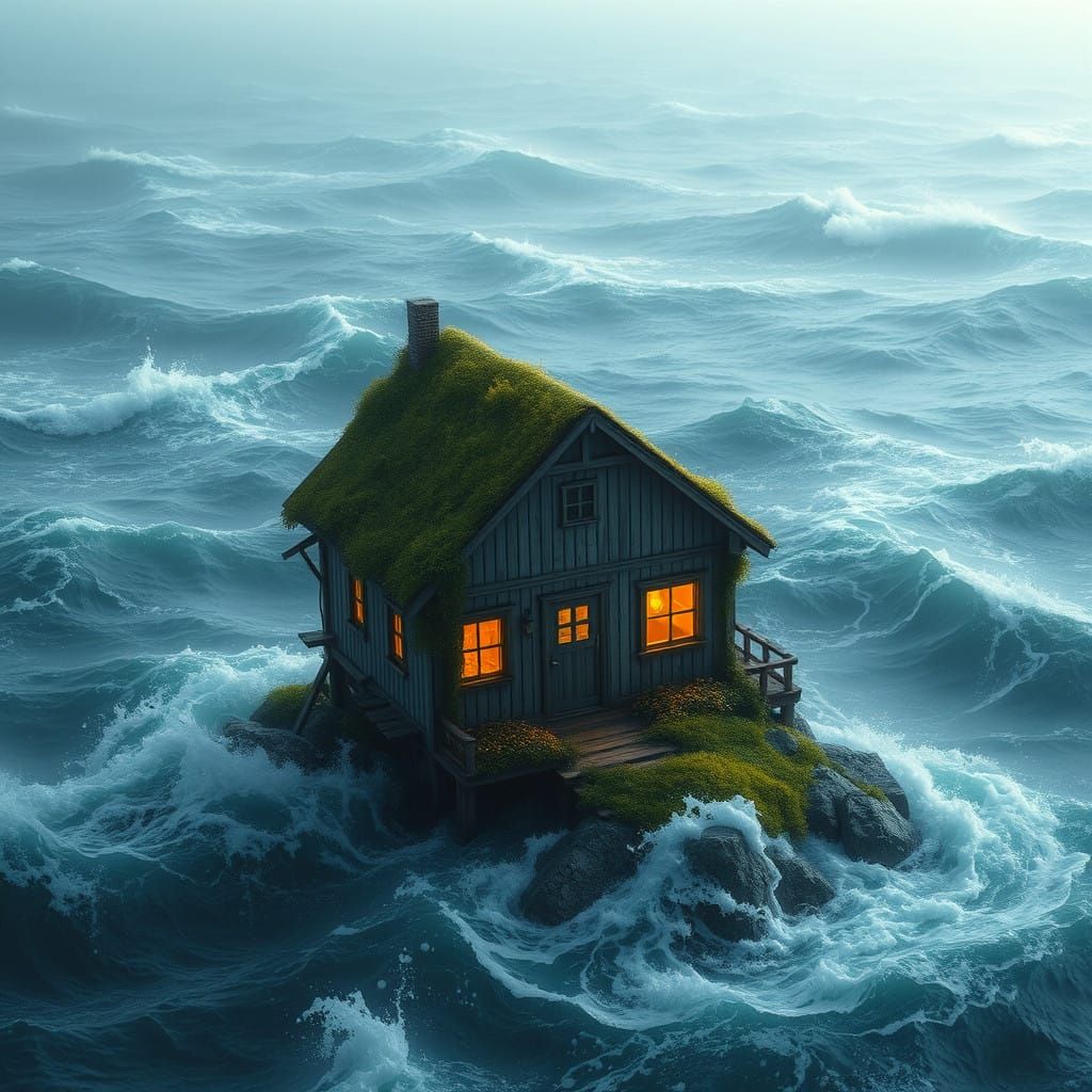 Dreamlike Wooden House Stands Defiant in Turbulent Ocean