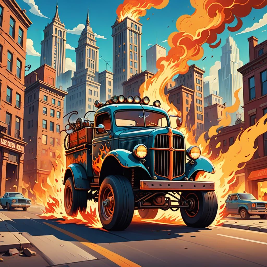 2D Cartoon Art. A ratrod truck races through a cartoon citys...